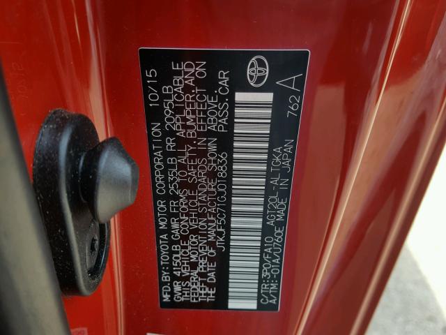 JTKJF5C71GJ018836 - 2016 TOYOTA SCION TC 红色 照片 10