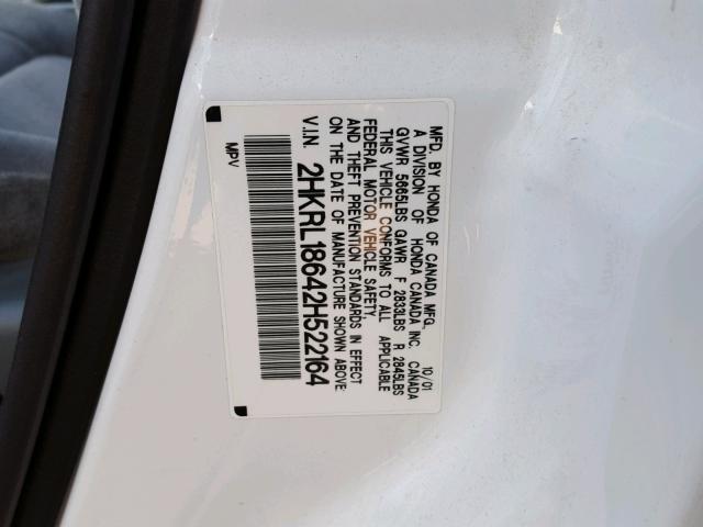 2HKRL18642H522164 - 2002 HONDA ODYSSEY EX WHITE photo 10