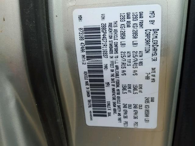 2B8GP44G71R116937 - 2001 DODGE GRAND CARA SILVER photo 10