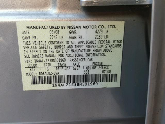 1N4AL21E38N501969 - 2008 NISSAN ALTIMA 2.5 SILVER photo 10