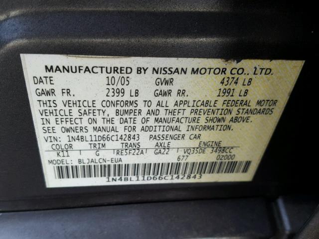 1N4BL11D66C142843 - 2006 NISSAN ALTIMA SE GRAY photo 10