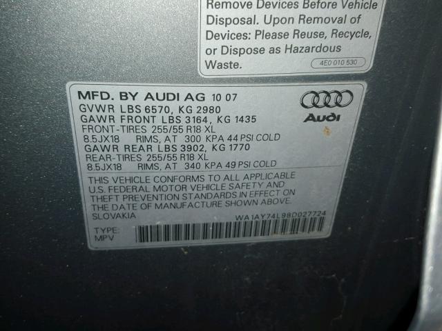 WA1AY74L98D027724 - 2008 AUDI Q7 3.6 QUA SILVER photo 10