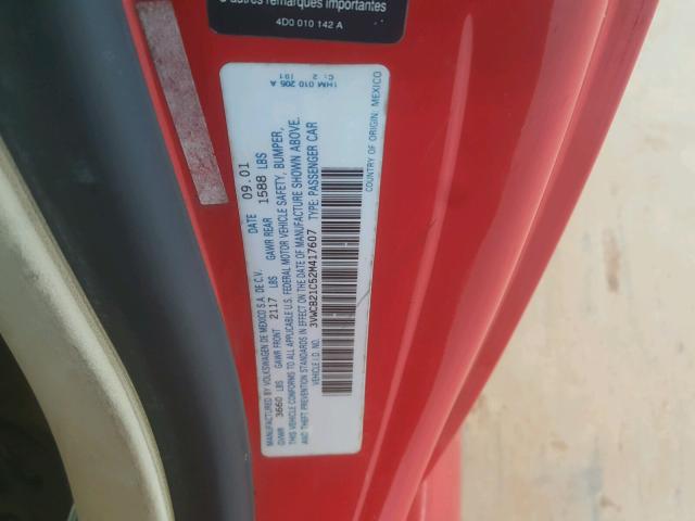 3VWCB21C52M417607 - 2002 VOLKSWAGEN NEW BEETLE 红色 照片 10