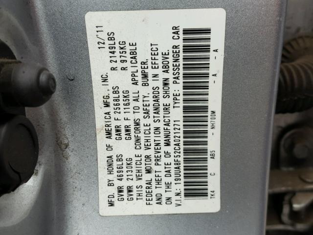 19UUA8F52CA021271 - 2012 ACURA TL SILVER photo 10