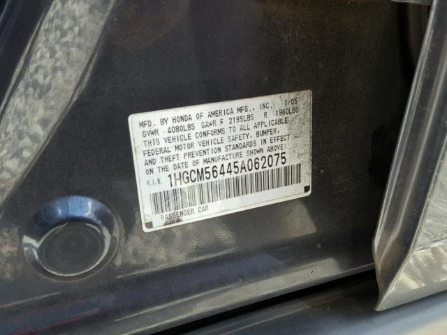 1HGCM56445A062075 - 2005 HONDA ACCORD LX GRAY photo 10