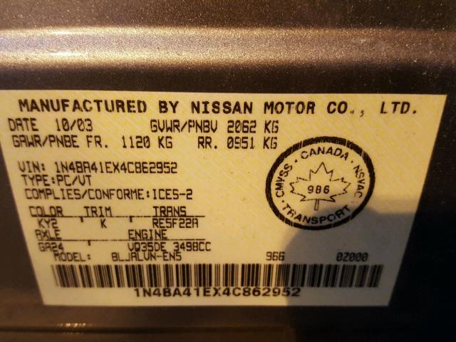 1N4BA41EX4C862952 - 2004 NISSAN MAXIMA SE GRAY photo 10