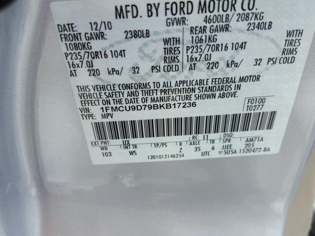 1FMCU9D79BKB17236 - 2011 FORD ESCAPE XLT GRAY photo 10