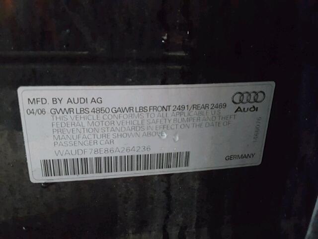 WAUDF78E86A264236 - 2006 AUDI A4 2.0T QU BLACK photo 10