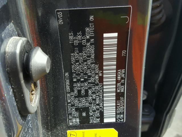 JTJHA31U440043293 - 2004 LEXUS RX 330 CHARCOAL photo 10