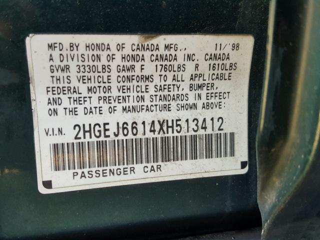 2HGEJ6614XH513412 - 1999 HONDA CIVIC BASE GREEN photo 10