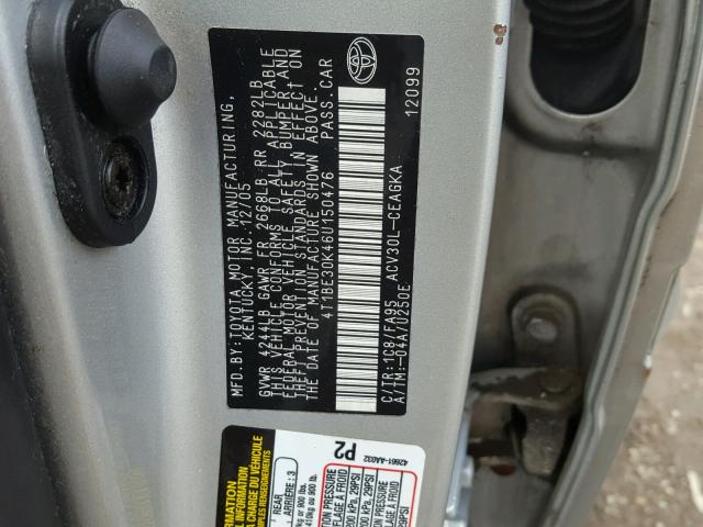4T1BE30K46U150476 - 2006 TOYOTA CAMRY LE SILVER photo 10