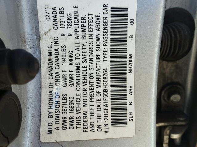 2HGFA1F55BH308264 - 2011 HONDA CIVIC LX SILVER photo 10