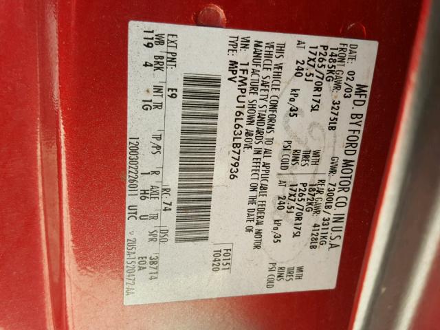 1FMPU16L63LB77936 - 2003 FORD EXPEDITION 红色 照片 10