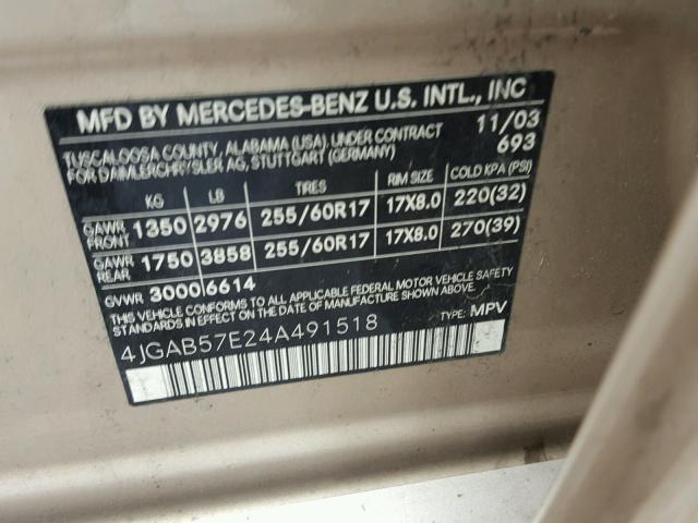 4JGAB57E24A491518 - 2004 MERCEDES-BENZ ML 350 GOLD photo 10