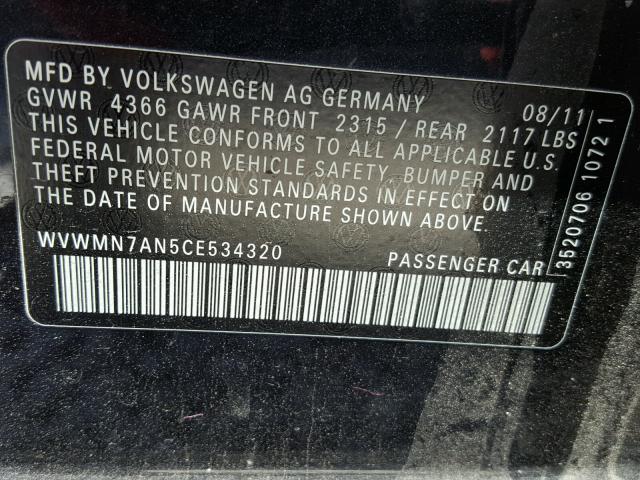 WVWMN7AN5CE534320 - 2012 VOLKSWAGEN CC SPORT BLACK photo 10