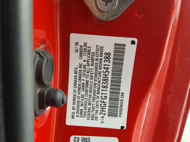 2HGFG11838H541388 - 2008 HONDA CIVIC EX RED photo 10