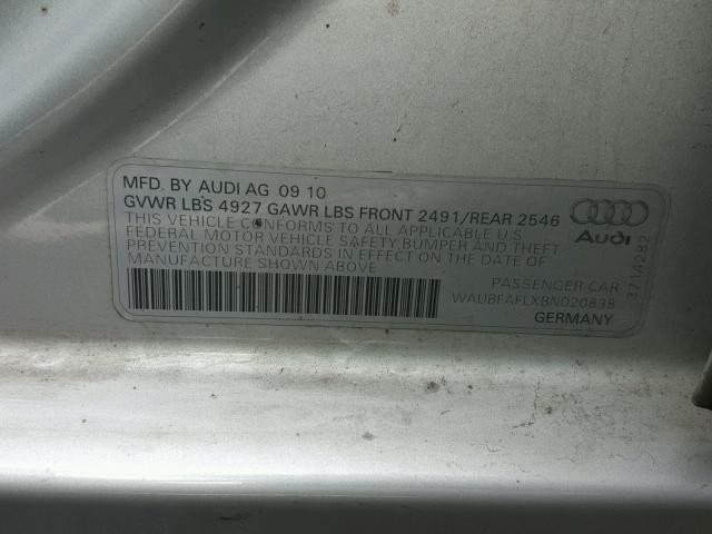 WAUBFAFLXBN020838 - 2011 AUDI A4 PREMIUM SILVER photo 10