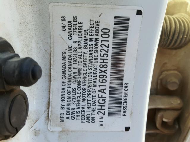 2HGFA169X8H522100 - 2008 HONDA CIVIC EXL 白色 照片 10