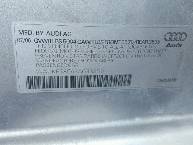 WAUKF78E67A033859 - 2007 AUDI A4 2.0T AV SILVER photo 10