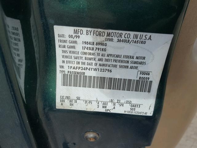 1FAFP34P4YW123796 - 2000 FORD FOCUS SE GREEN photo 10