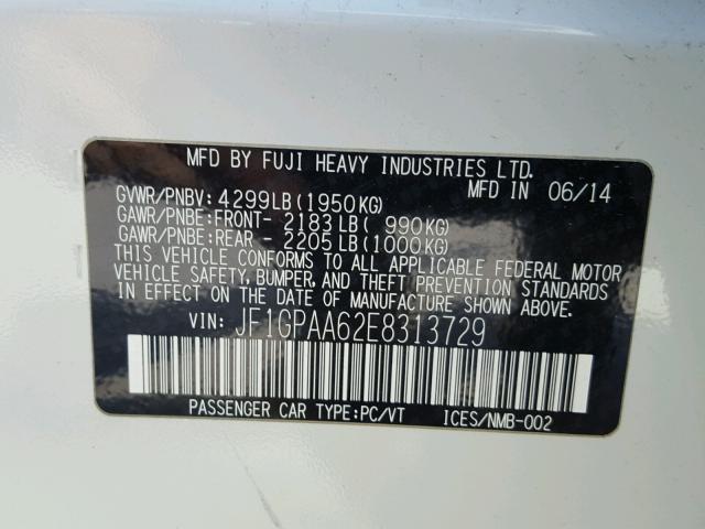 JF1GPAA62E8313729 - 2014 SUBARU IMPREZA BA WHITE photo 10