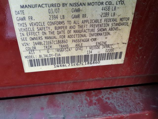 1N4BL21E67C186860 - 2007 NISSAN ALTIMA 3.5 RED photo 10