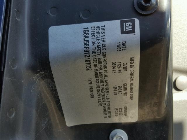 1G8AJ58F87Z167052 - 2007 SATURN ION LEVEL ლურჯი ფოტო 10