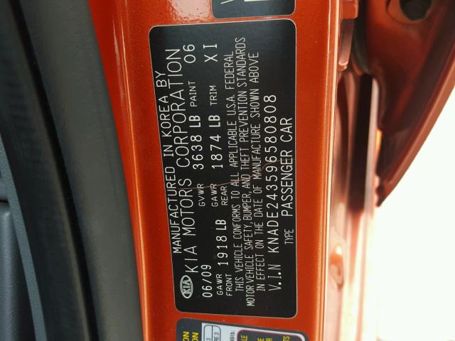 KNADE243596580808 - 2009 KIA RIO 5 SX ORANGE photo 10