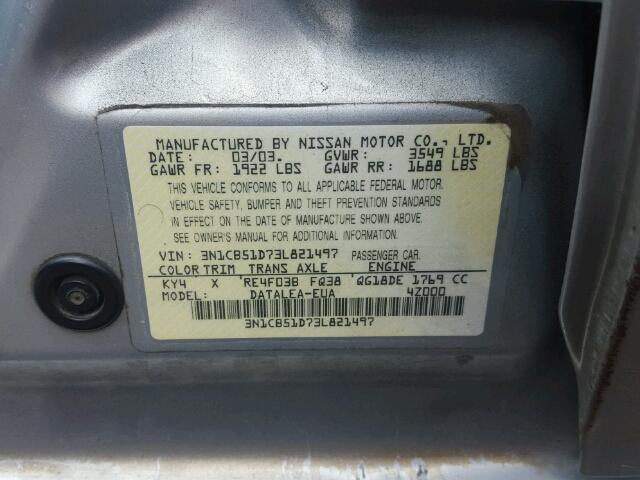 3N1CB51D73L821497 - 2003 NISSAN SENTRA XE SILVER photo 10