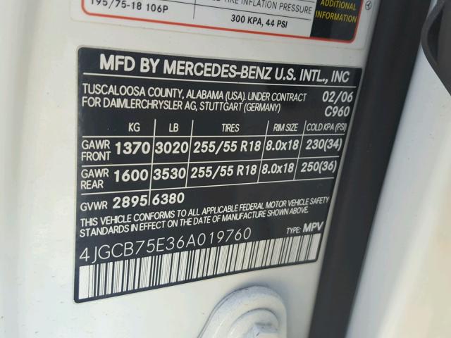 4JGCB75E36A019760 - 2006 MERCEDES-BENZ R 500 WHITE photo 10