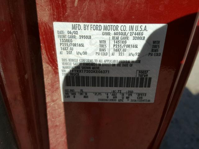 1FTRX17202KE06271 - 2002 FORD F150 RED photo 10