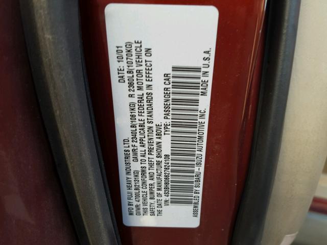 4S3BH806627624108 - 2002 SUBARU LEGACY OUT RED photo 10