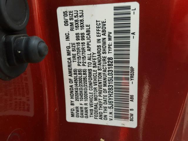 5J6YH28315L031828 - 2005 HONDA ELEMENT LX RED photo 10