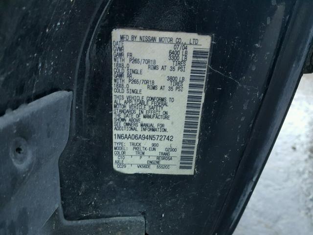 1N6AA06A94N572742 - 2004 NISSAN TITAN XE BLACK photo 10