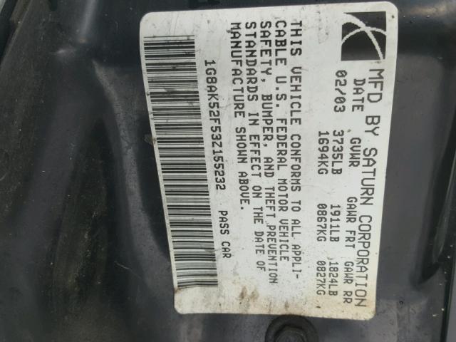 1G8AK52F53Z155232 - 2003 SATURN ION LEVEL SILVER photo 10