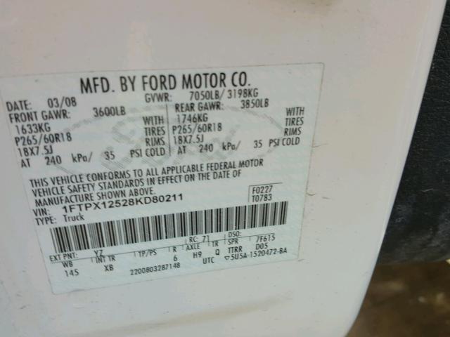 1FTPX12528KD80211 - 2008 FORD F150 WHITE photo 10