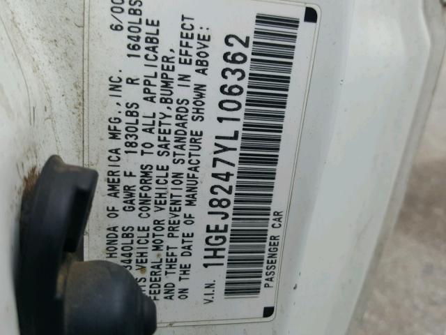 1HGEJ8247YL106362 - 2000 HONDA CIVIC EX WHITE photo 10