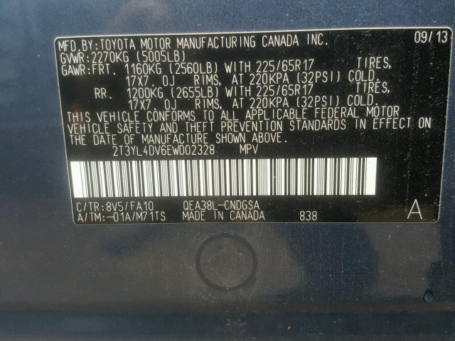 2T3YL4DV6EW002328 - 2014 TOYOTA RAV4 EV BLUE photo 10