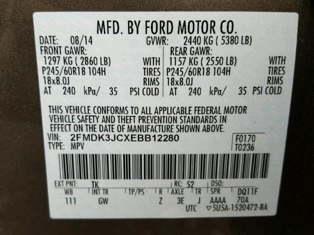 2FMDK3JCXEBB12280 - 2014 FORD EDGE SEL BROWN photo 10