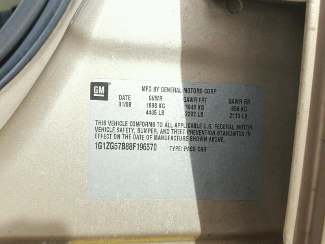 1G1ZG57B88F196570 - 2008 CHEVROLET MALIBU LS GOLD photo 10