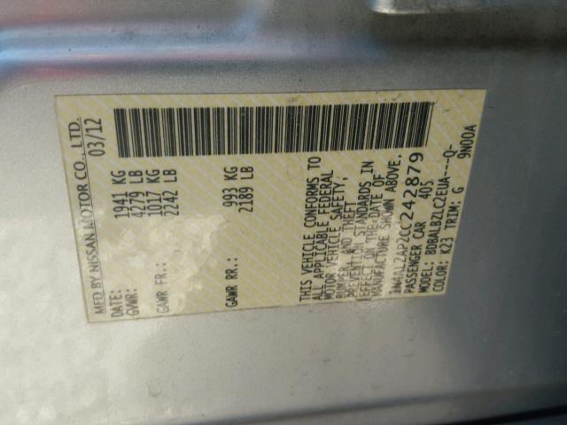 1N4AL2AP2CC242879 - 2012 NISSAN ALTIMA BAS SILVER photo 10