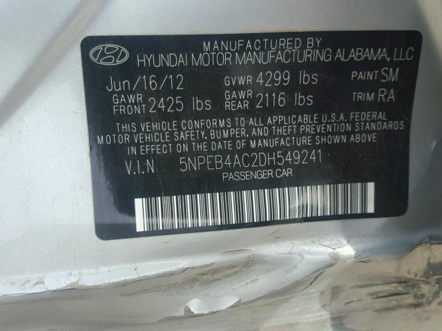 5NPEB4AC2DH549241 - 2013 HYUNDAI SONATA GLS SILVER photo 10