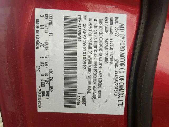 2FAFP74W5YX100997 - 2000 FORD CROWN VICT RED photo 10