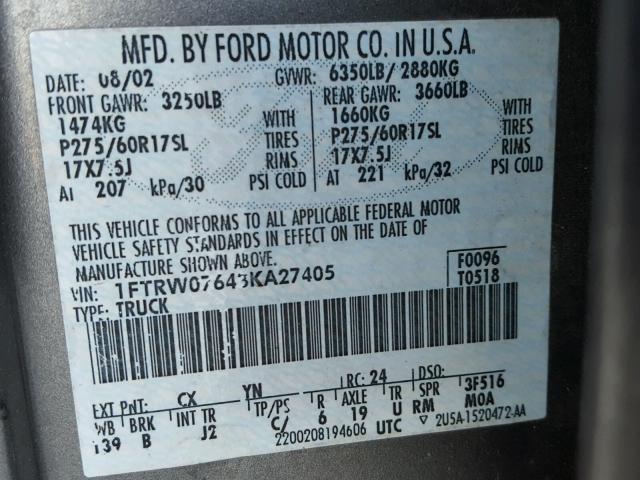 1FTRW07643KA27405 - 2003 FORD F150 SUPER GRAY photo 10