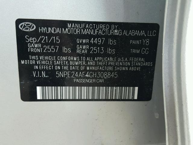 5NPE24AF4GH308845 - 2016 HYUNDAI SONATA SE SILVER photo 10