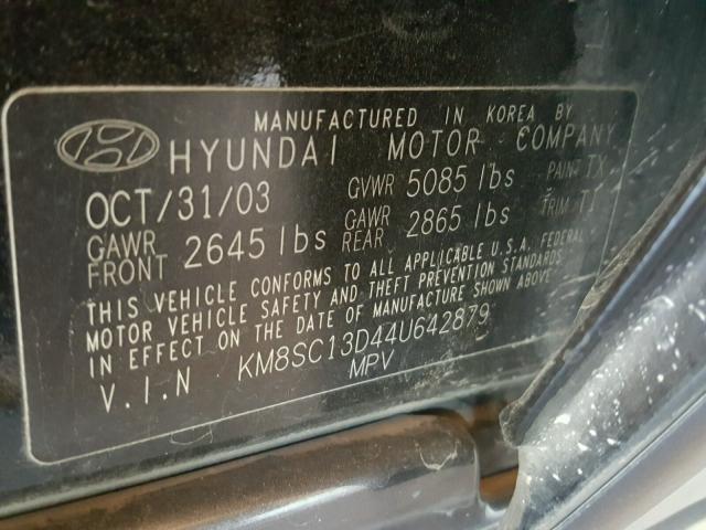 KM8SC13D44U642879 - 2004 HYUNDAI SANTA FE G BLACK photo 10