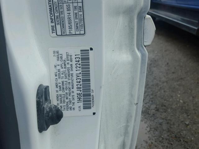 1HGEJ8243YL122431 - 2000 HONDA CIVIC EX თეთრი ფოტო 10