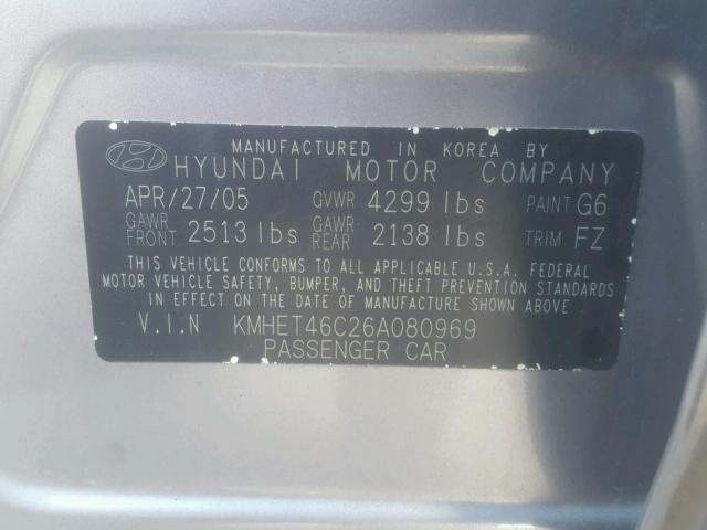 KMHET46C26A080969 - 2006 HYUNDAI SONATA GL GRAY photo 10