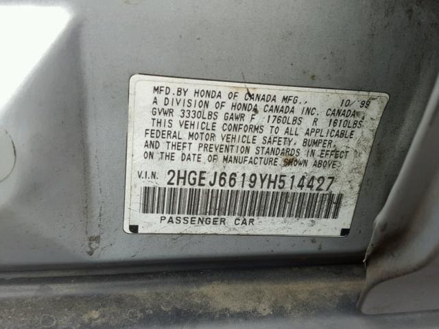 2HGEJ6619YH514427 - 2000 HONDA CIVIC BASE GREEN photo 10