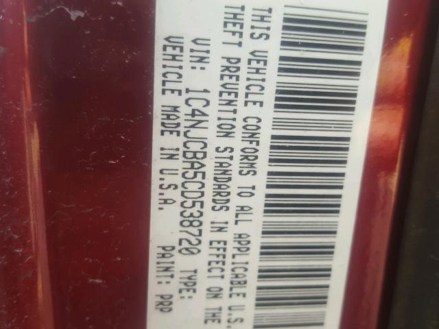 1C4NJCBA5CD538720 - 2012 JEEP COMPASS SP RED photo 10